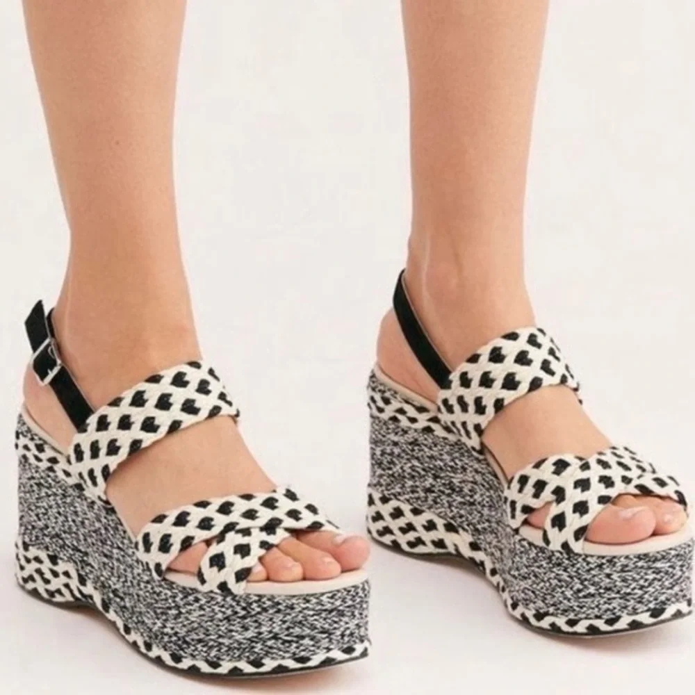Free People Dolce Platform Wedge Woven Black White Boho Espadrille Sandal Shoes
